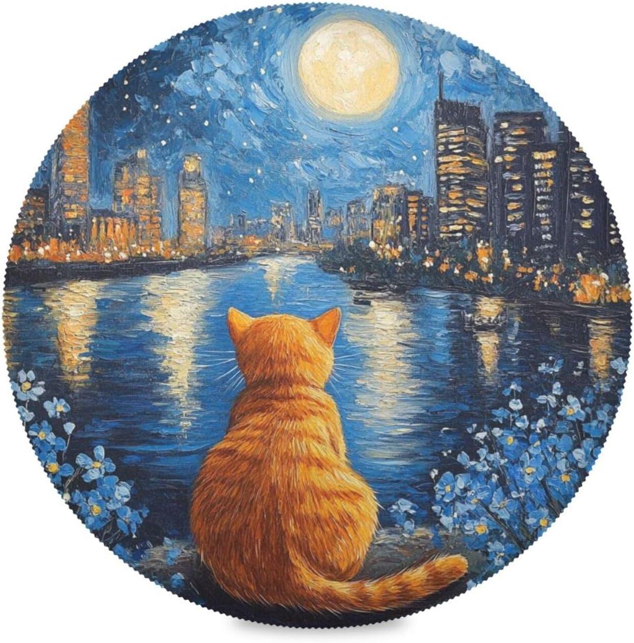 Table Placemat, Placemats for Tables, Washable Table Mats for Kitchen, Dining Table IndoorOutdoor, Cute Orange Cat Starry Night