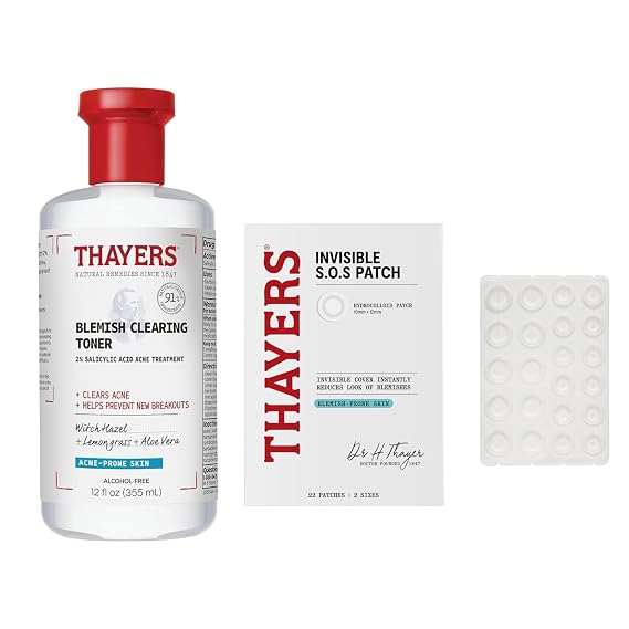 Thayers Blemish Clearing Salicylic Acid Toner, Soothing and Non-Stripping Skin Care,12 Fl Oz + Thayers Invisible S.O.S Hydrocolloid Acne Pimple Patch, Ultra-Thin Design, Set of 22 Pimple Patches