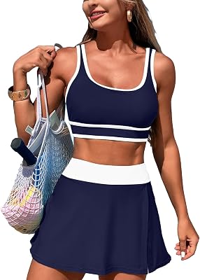 Fanuerg Womens High Waisted Bikini Sets Sporty Color Block Tummy Control Swimsuit Swim Skirt Two Piece Bathing Suit