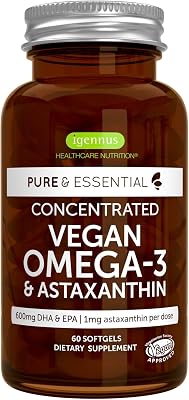 Igennus Vegan Omega-3 Natural Algae Oil, DHA & EPA, Certified Pure, Plant Based Fatty Acid Supplement, with Astaxanthin Antioxidant, 60 Small Softgels, 2 per Day, 30 Servings