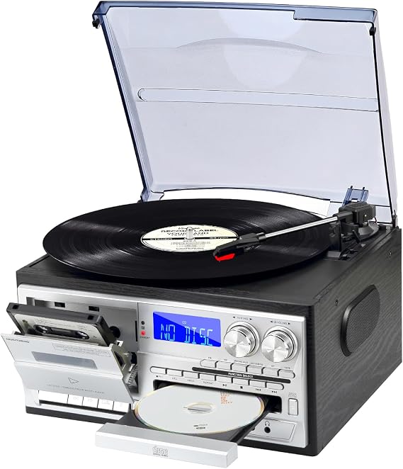 9 in 1 Vinyl Record Player with Bluetooth and Remote Control, 3 Speed Turntable for Family Entertainment, CD Cassette Playback, USB SD Input, AM FM Radio, Built in Stereo Speakers