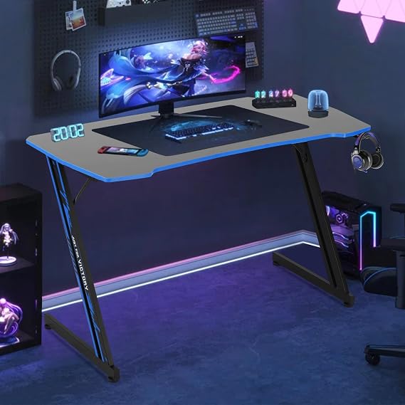 Z Shaped Gaming Desk, 39 Inch Wide PC Computer Desk, Ergonomic Simple Gaming Table, Modern Carbon Fiber Surface Gamer Workstation with Headphone Hook & Cup Holder for Home Office, Blue