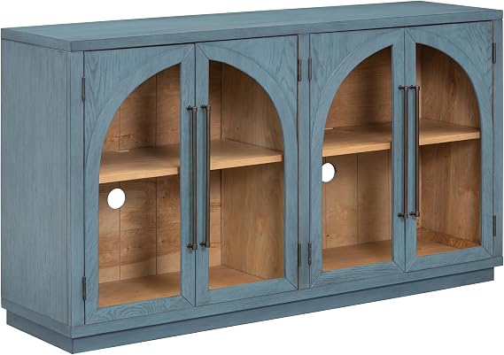RuiSiSi Wood Sideboard Buffet Table with Glass Doors, French Style Buffet Cabinet with Adjustable Shelves Console Table for Living Room (Navy, 60 inch)