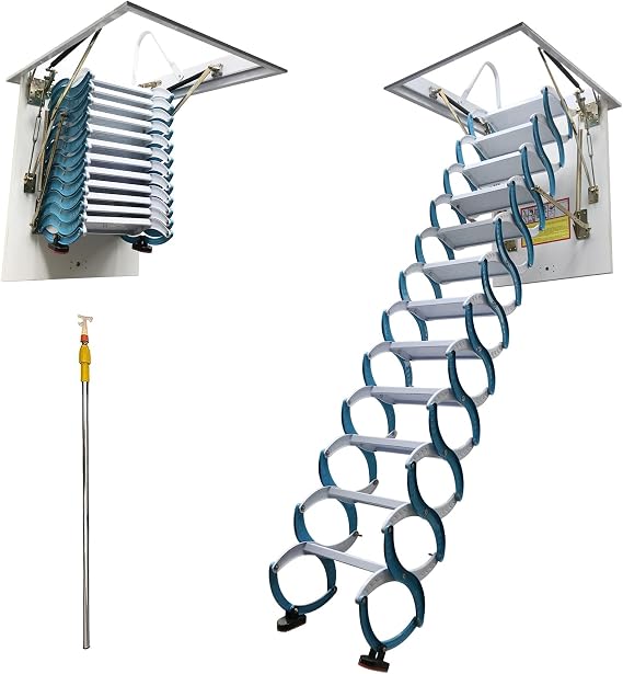 TECHTONGDA Attic Ladder 12 Steps Pull Down Attic Stairs, Folding Extension Loft Stairs, Ceiling Mounted Retractable Loft Ladder, Carbon Steel, 31.5 x 35.4 Inch, 9.8ft Height