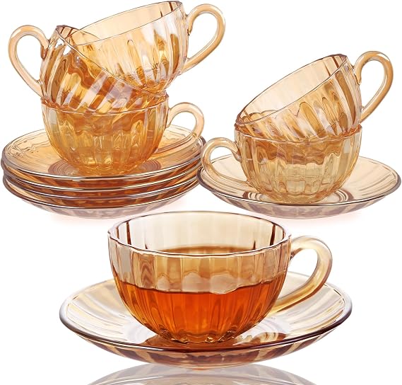 Glass Tea Cups and Saucers Set of 6, Glass Coffee Mugs with Stainless Steel Spoon, Dishwasher & Microwave Safe Teacups for Espresso Cappuccino Latte Tea Juice, 6OZ/180ML, Amber