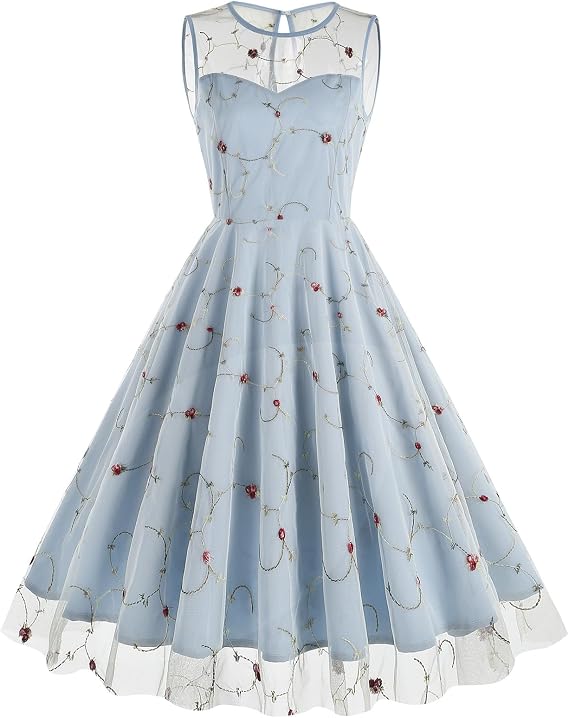 Tulle Embroidery Floral Dress for Women Sleeveless Mesh Flower Embroidered Tulle Prom Dress Summer Wedding Tea Party Dress