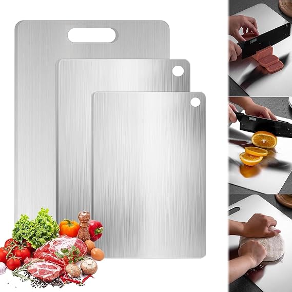 3-Piece Kitchen Titanium Cutting Boards with Non-Slip Feet Stainless Steel Chopping Board Set, Reversible Cutting Board for Home Kitchen Cooking Meat, Vegetables, Bread Baking Board