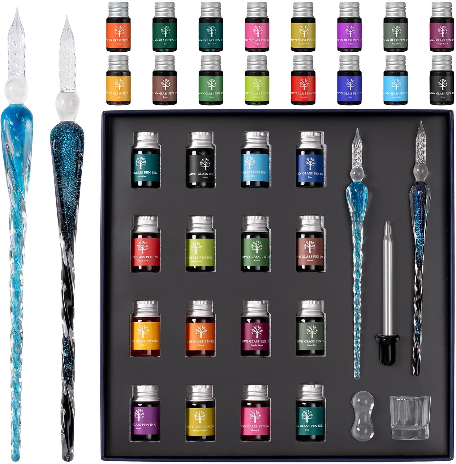 Glass Dip Pen Set - 21 Pieces of Calligraphy Pens Set. Includes 2 Glass Pens, 16 Bottle Inks, Pen Holder, Cleaning Cup and Introduction Booklet