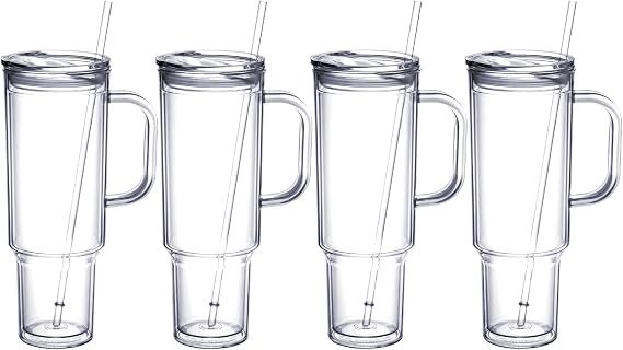 MEWAY 40 oz Acrylic Tumbler with Handle and Straw Lid,Double Wall Vacuum Reusable plastic Water Bottle Travel Mug Cup,Classic Tumblers Cupholder Friendly (4 Pack)