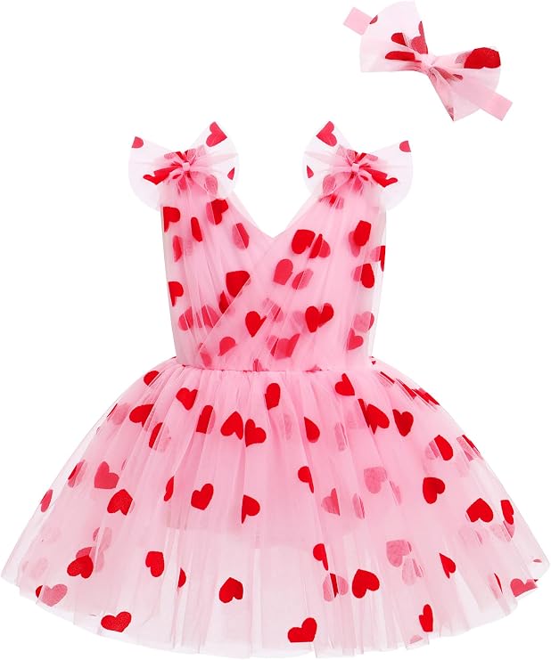 IMEKIS Baby Girl Birthday Outfit Pink Heart Strawberry Tulle Dress Romper Toddler Cake Smash Photo Shoot