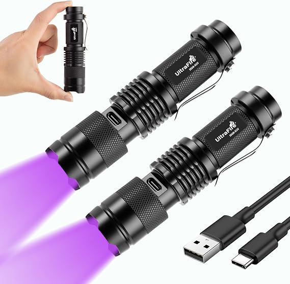 ULTRAFIRE UV Flashlight 395nm Black Light Rechargeable, Zoomable Mini Ultraviolet LED Blacklight for Resin Curing, Pet Urine Stains, Scorpions SK68-XUV (2 Pack)