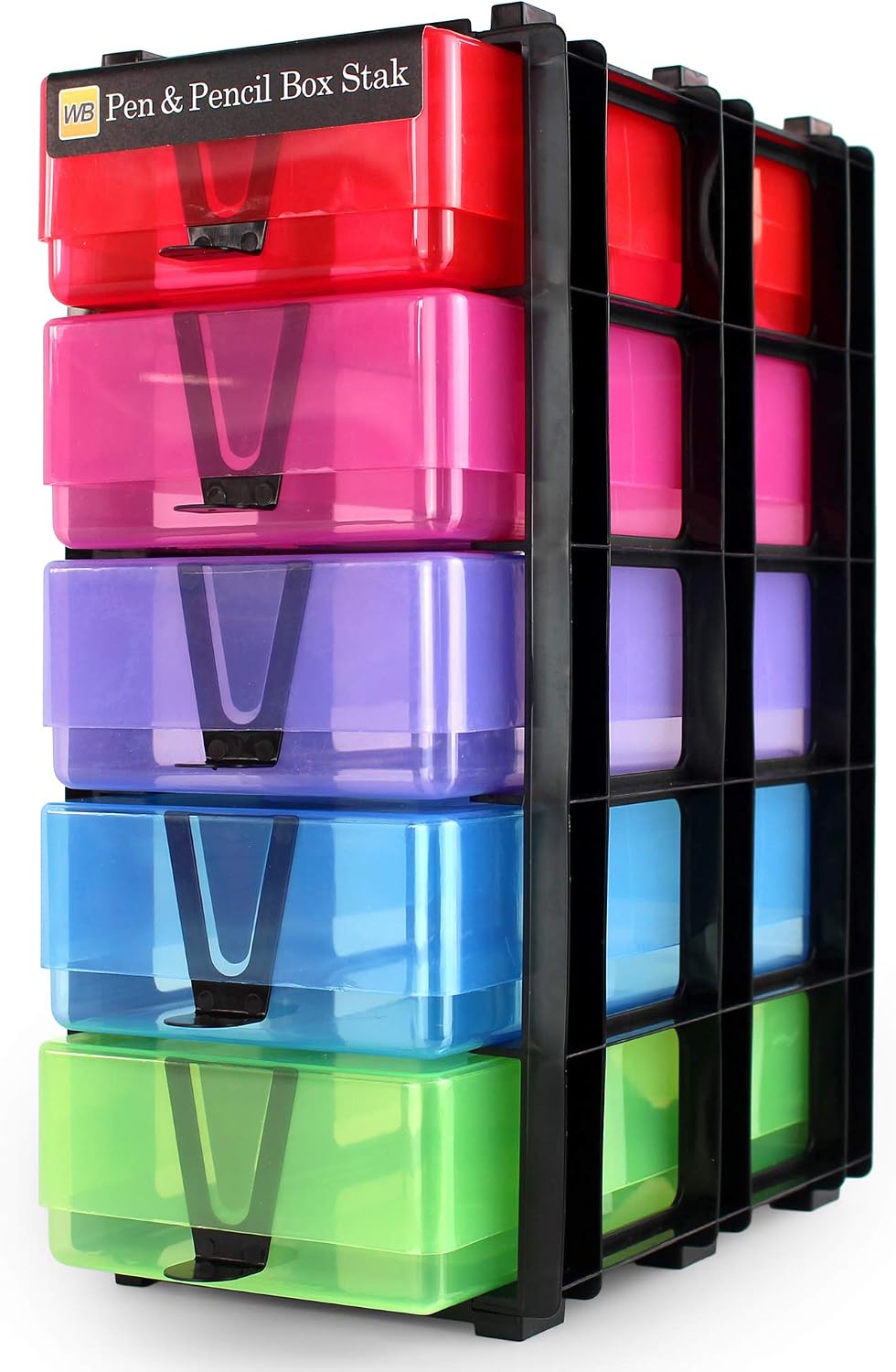 WestonBoxes Box Stak Storage Unit Including 5 Pen & Pencil Storage Boxes for Pens, Pencils and Stationery MulticolourTransparent, Pack of 1