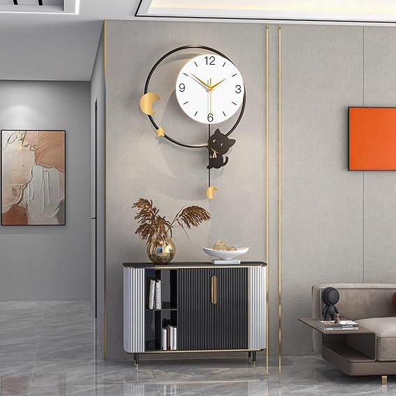 Fashionable and Simple Cartoon Decorative Wall Clock with Pendulum, Modern Non-Ticking Silent Metal Wall Clocks for Living Room, Bedroom, Study, Office,48cm