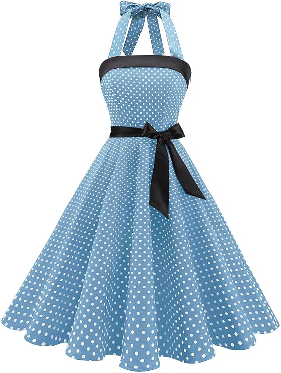 Womens Halter 1950s Dress Tea Party Swing Cocktail Dresses | Polka Dot and Solid Color Styles, Audrey Hepburn Dresses, A-Line Retro Cocktail Dress, Tea Party and Wedding Guest Occasions
