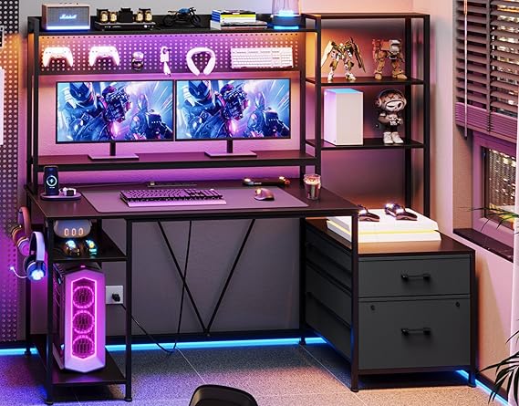 UPOSOJA Gaming Desk with Hutch, 65in Reversible Computer Desk with Power Outlets LED Light, Home Office Desk with Monitor Stand 2 Drawers 4 Storage Shelves Pegboard 8 Hooks Mouse Pad (Black)
