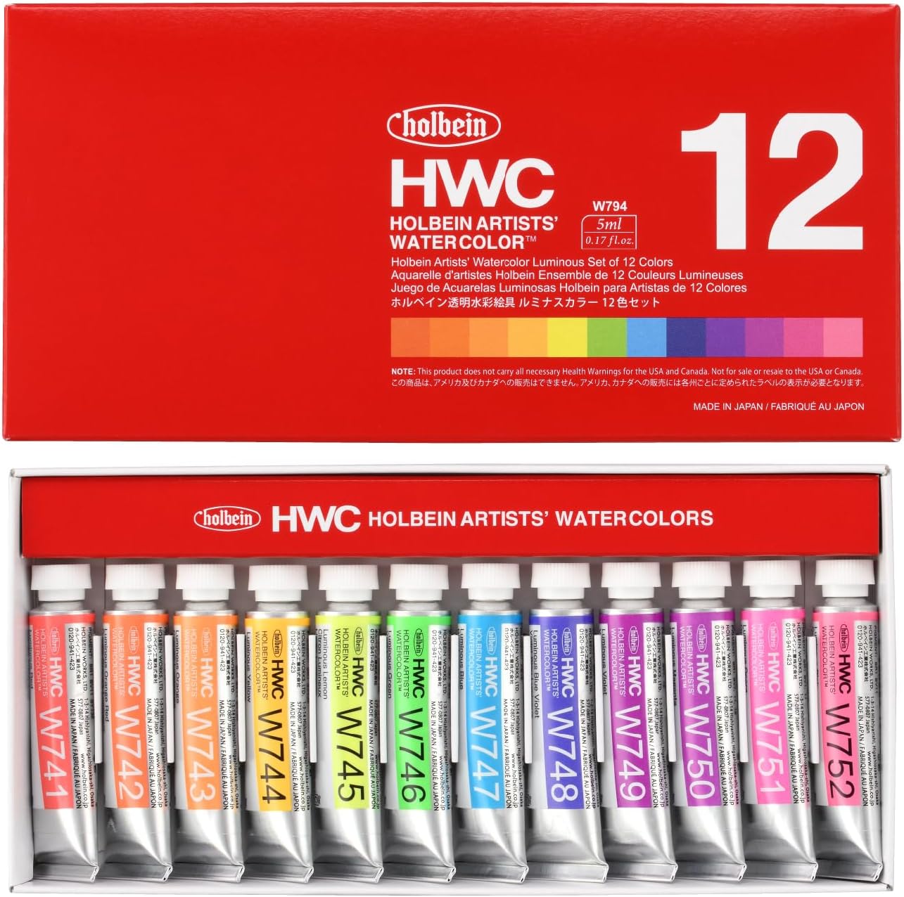 Holbein W794 Transparent Watercolor Paint, Luminous Colors, 12 Colors Set, 5ml Number 2 12794