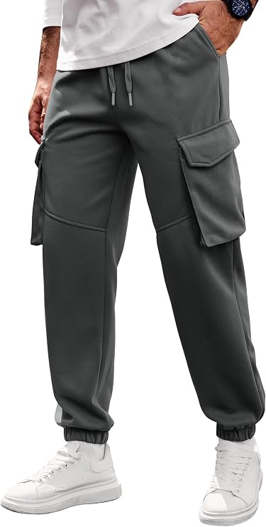 Herberton Men's Sweatpants Casual Exercise Joggers Cargo Outdoor Elastic Waist Pockets Tapered Drawstring Cuff Sweatpants Dark Grey L
