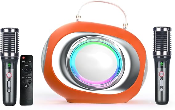 Karaoke Machine, Bluetooth Speaker with Dual Visualized Passive Radiators, 2 Microphones and PA System and Disco Light, Bass/Treble/Echo, Supports TV/TF/USB/AUX/Live for Home Party, Outdoor (Orange)