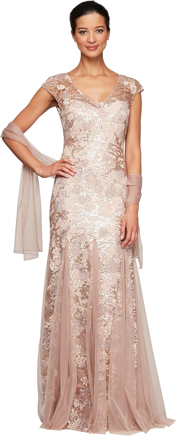 Alex Evenings Women's Long Fit and Flare Dress Godet Detail (Petite and Regular)