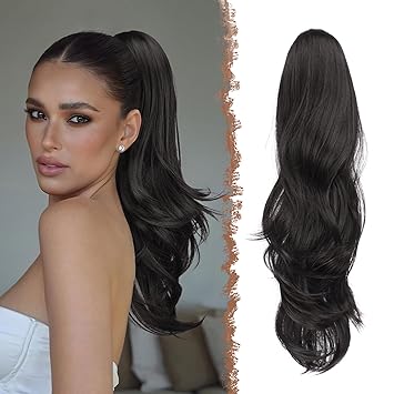 FESHFEN Drawstring Ponytail Extension, Natural Long Wavy Layered Synthetic Pony Tails Hair Extensions Hairpieces for Women, 20 Inch, Natural Black