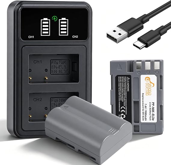 2-Pack EN-EL3e Battery and Fast 20W Dual Charger for Nikon