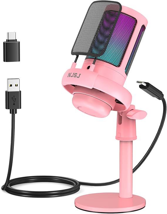 NJSJ Gaming Microphone, USB Microphone for PC/ PS4/ PS5/ Mac/Phone, Condenser Mic with Touch Mute, Brilliant RGB Lighting, Gain knob & Monitoring Jack for Recording, Streaming, Podcasting (Pink)