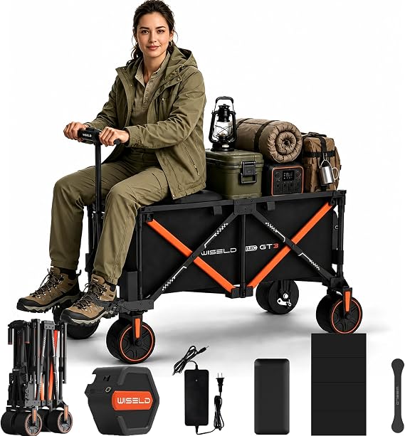 WISELD GT3 Electric Wagon Cart with Seat Battery, 772 LBS Motorized Utility Cart with All Terrain Wheels, Range 18.6 MI, 0-10 MPH, Reverse, Climb a Slope, 2 Modes for Camping Garden Beach Shopping