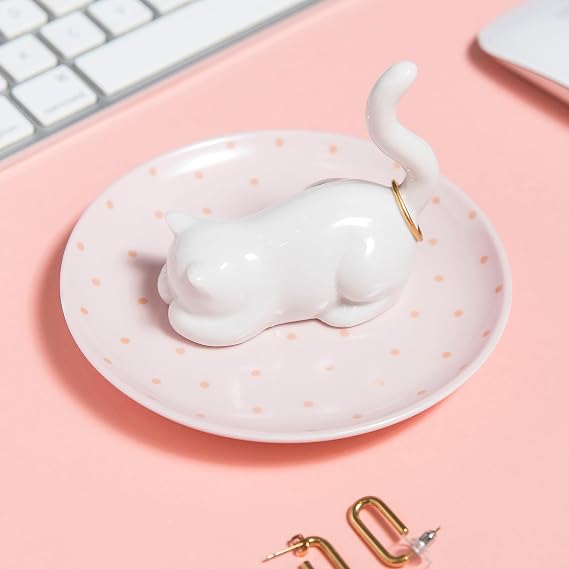 Lynagert Cat Ring Holder Ceramic Jewelry Dish - Trinket Tray for Earrings and Organizer - Funny Themed Gifts for Cat Mom, Lovers, Birthday Gifts for Women