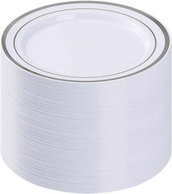 BESTVIP 100Pcs Silver Plastic Plates, 10.25 Inch Disposable Party Plates