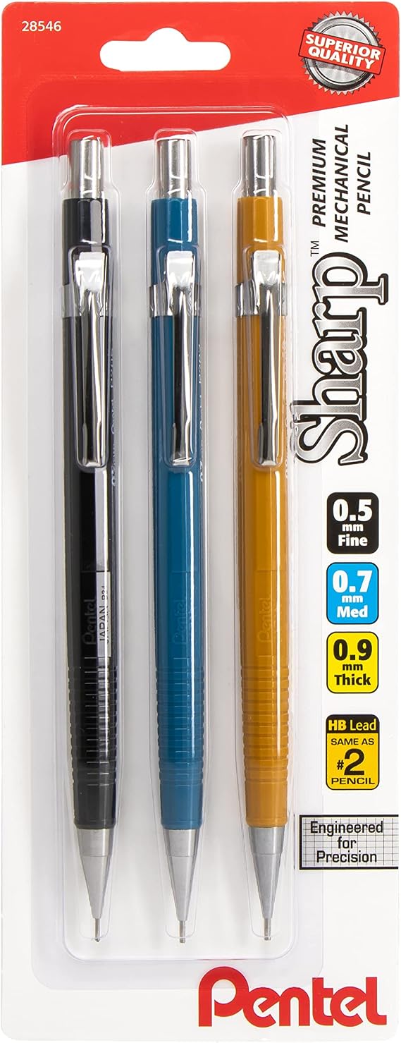 Pentel Sharp Mechanical Pencil 3 pack Assorted Barrels 1 each 0.5mm, 0.7mm, 0.9mm
