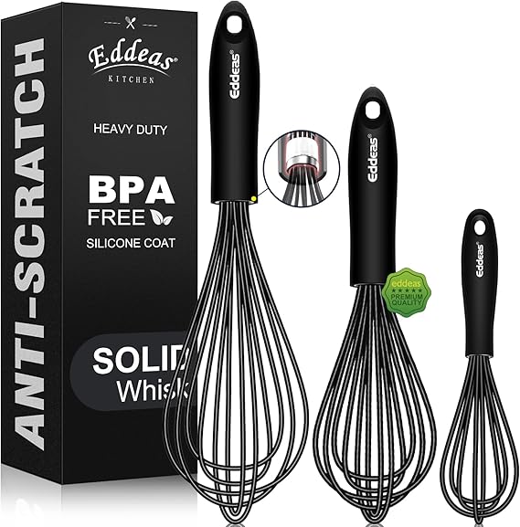 Whisks For Cooking - 500 F Heat Resistant Silicone Whisk, Heavy Duty 7",9"&11inch Non-Scratch Balloon Kitchen Wisk tool Set, for cooking Wisking, Blending, Beating, Stirring, 3 Piece Black