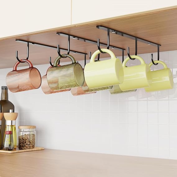 3 Pack Mug Hooks Under Cabinet with 9 Hooks for Displaying Mugs, Black