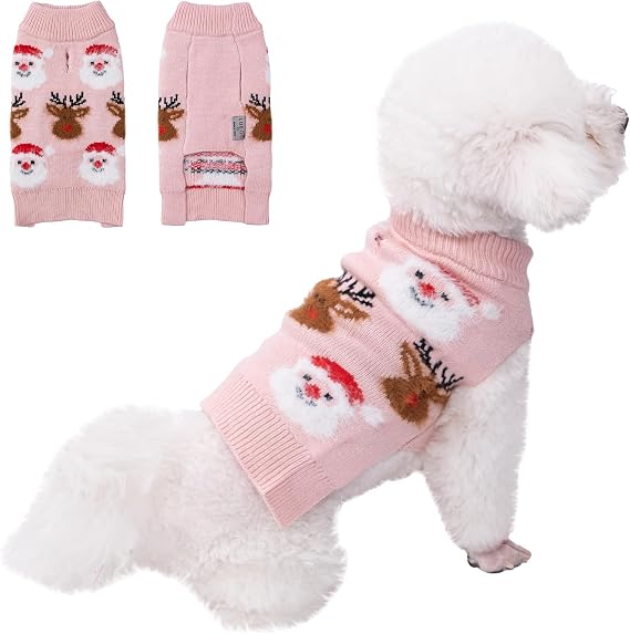 LUBOT NEW Ugly Christmas Sweaters for Puppy Cute Funny Wintertime and Holiday Parties Knitted Pullover Sweater Small Dog Santa&Deer Pink Small