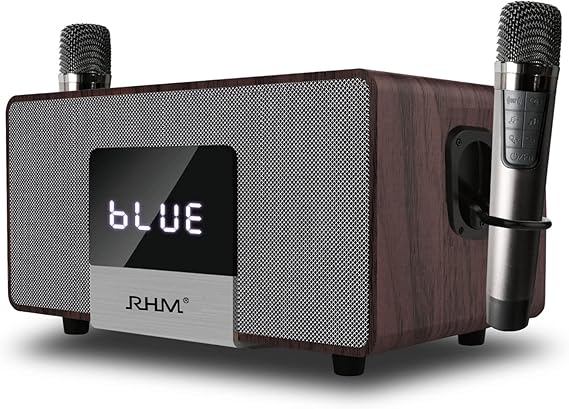 K222 Karaoke Machine, Connect to TV via Optical, with Powerful Sound | Deep Bass & 2 UHF Wireless Mics, Support Bluetooth/AUX/USB/PC, Wooden Karaoke System for Home, Singing Party, Christmas