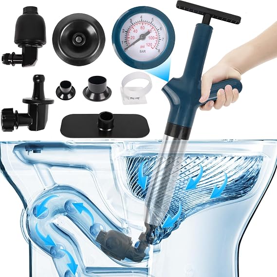 Toilet Plunger, Drain Clog Remover, High-Pressure Air Drain Blaster with Real-Time Barometer Powerful Drain Sink Plunger Plumbing Tools, Plungers for Bathroom Sink Floor Kitchen Clogged (Blue)