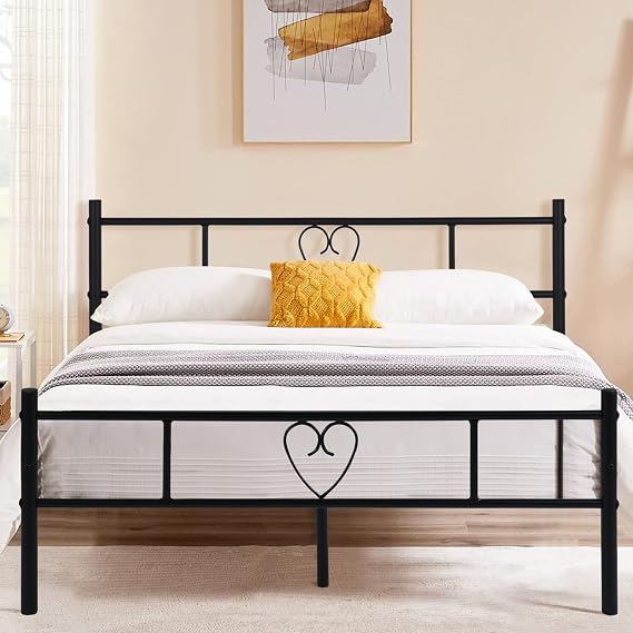 buybyroom Small Double Bed Frame, Metal Bed Frame with Headboard and Footboard, Platform Bed Frame with Steel Slat Support, 80cm Height, Fit for 120 x 190 cm Mattress, Black
