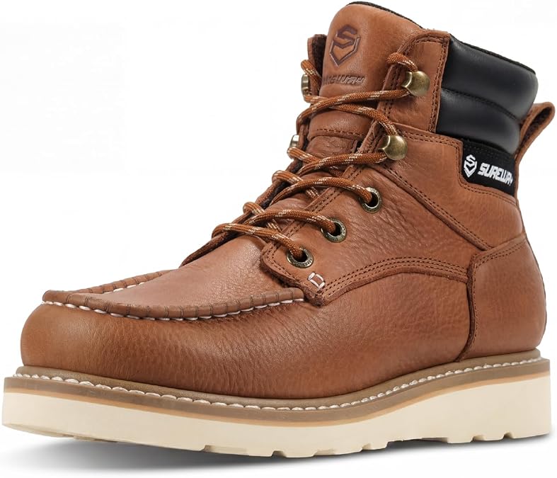 SUREWAY 6in Moc Toe Work Boots for Men, Wedge Sole, Soft Toe