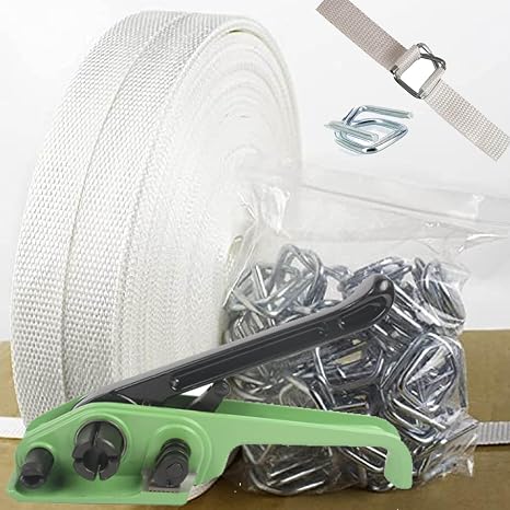 Banding Strapping Kit, Woven Cord Pallet Packaging Tool, Upgraded Strapping Tensioner Tool, 3/4" x 330' Woven Cord (2400 LBS Break Strength), 100pcs Metal Buckles and Woven Cord Roll