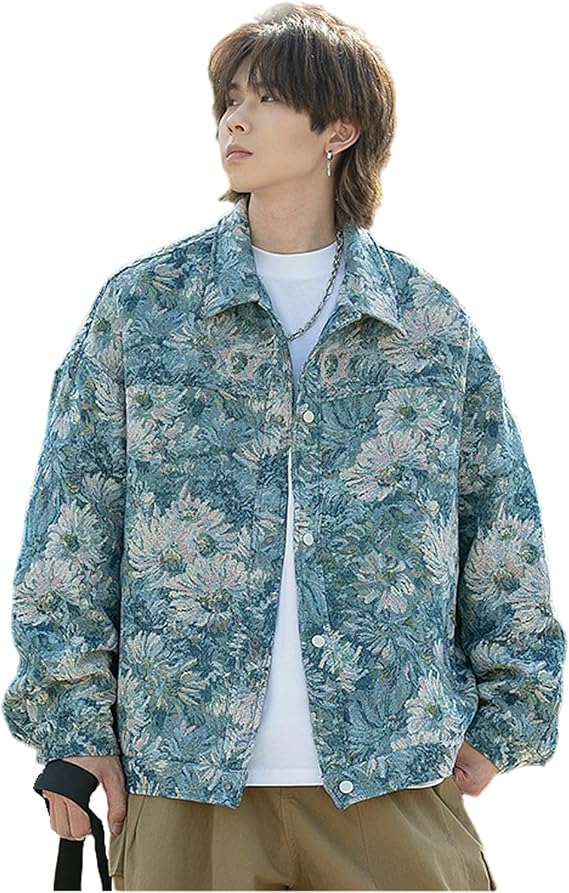 Harajuku Top Men's and Women's Jacquard Embroidered Vintage Jacket Top Men's Casual Loose Coat Men's Button Top