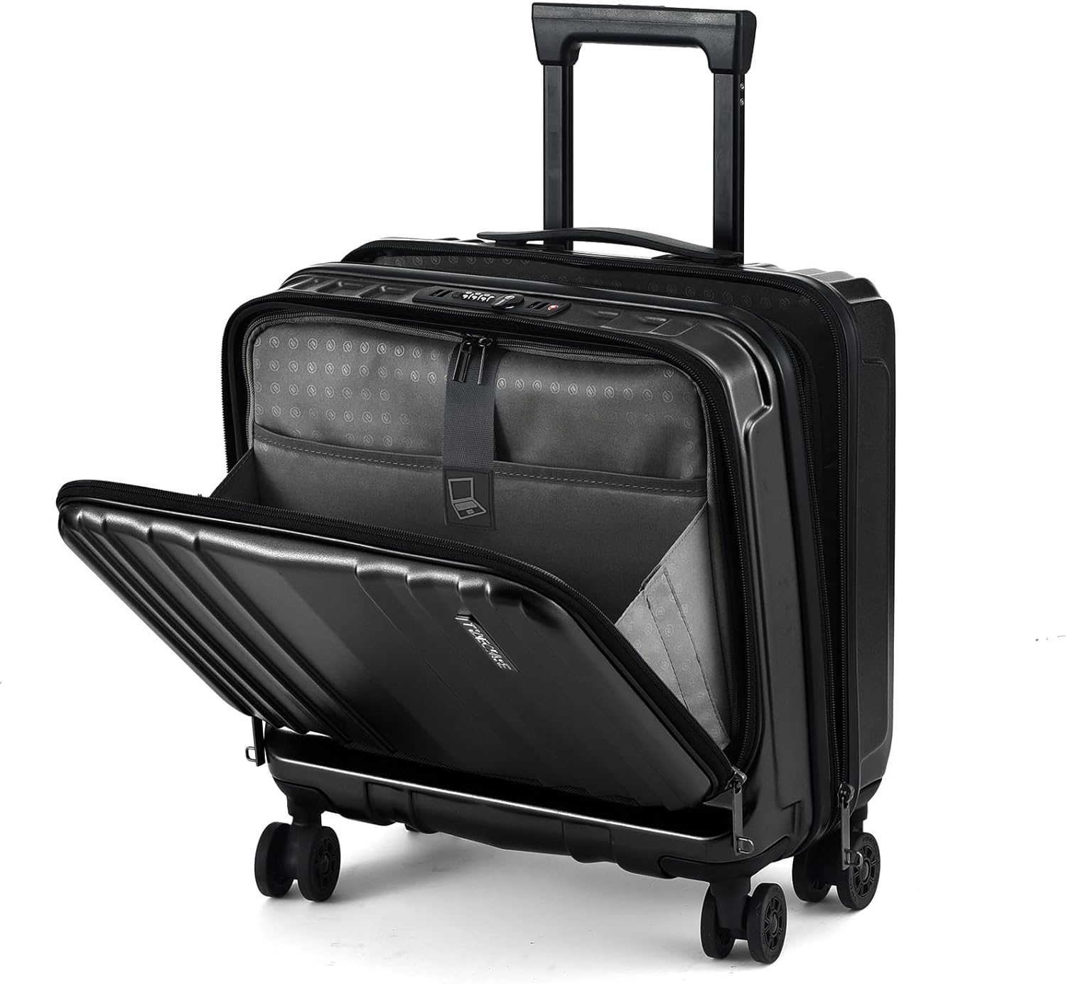 TydeCkare 16" Carry on Luggage with 2 Laptop Compartments, ABSPC Suitcase with Dual Control TSA Lock, with Zipper, 4 Spinner Wheels, for Business Travel, Black