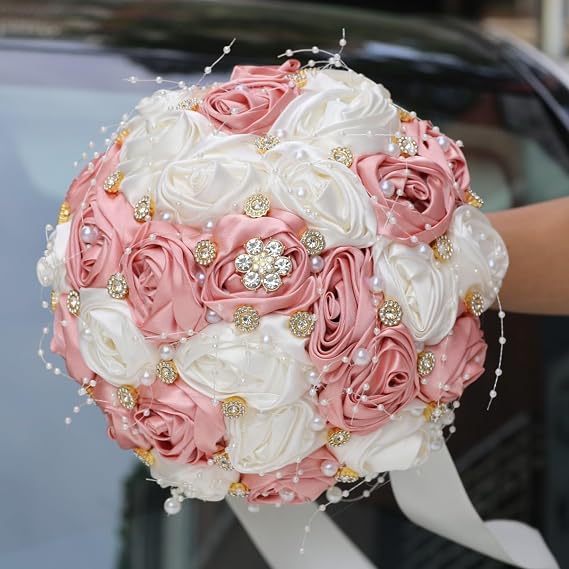 Round Bling Brooch Bouquet Bridal Wedding Bouquet,7.5inches Tossing Bouquet Artificial Flower Bunch for Bride Bridesmaid Quinceanera Pink+Ivory