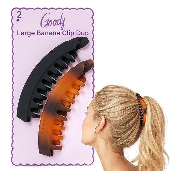 Goody Large Banana Clip Set, Stylish, Secure No Crease Hair Clips with SlideProof Hold, Styling Accessory For Fine - Medium Hair Type, Gifts for Women & Girls, Black and Tortoiseshell, 2 Ct