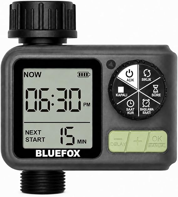 Bluefox Dijital Sulama Zamanlayıcı – Programlanabilir Bahçe Sulama Cihazı, Otomatik Hortum & Musluk Tipi Timer, LCD Ekran, Manuel Mod + Rain Delay, 3/4 Bağlantı, Pilli Dış Mekan Sulama Kontrol Cihazı