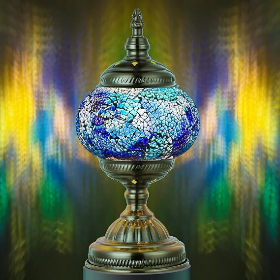 Marrakech Turkish Mosaic Lamp Stained Glass Table Lamp with Tiffany Style | Handmade Moroccan Table Lamp with Bronze Base, Decorative Accent Vintage Lamp for Living Room Bedroom Including LED Bulb