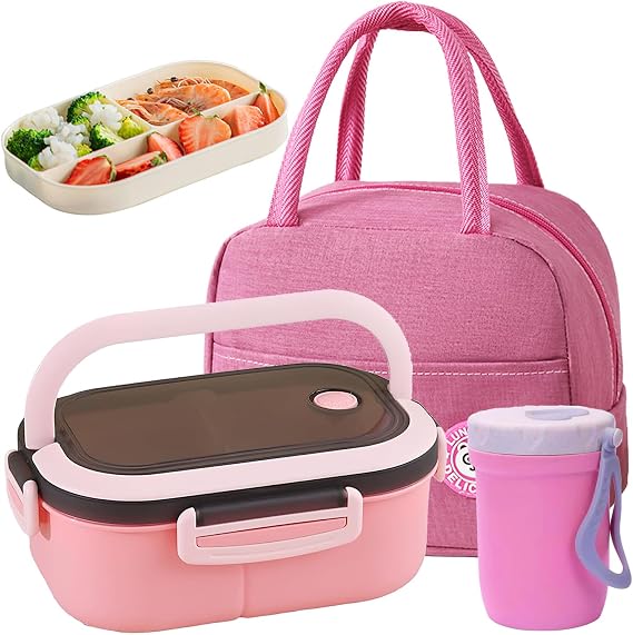 Bento Box Adult Lunch Box, Containers for Adults Men Women with 3 Compartments, Salad/Food Container with Utensils, Soup cup, Handbag, Muffin Liners, 45 Oz, Microwave & Dishwasher Safe (Pink)