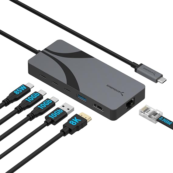 SABRENT USB4 Travel Hub, HDMI 2.1, 2.5GbE, 85W PD (HB-U4HP) | 2 USB-C + 1 USB-A; HDMI 2.1; 2.5 Gigabit Ethernet; 85W PD 3.0; compact travel dock