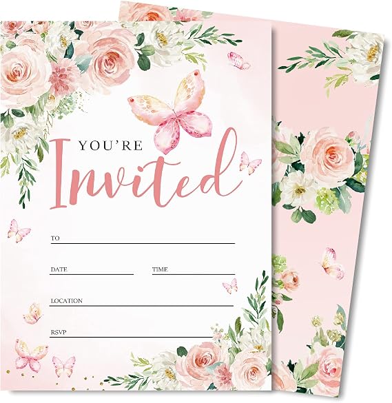 AnyDesign 20 Sets Butterfly Pink Floral Invitation with Envelopes Stickers 5 x 7 Inch Watercolor Flower Invitation Cards Blank Invites for Wedding Bridal Baby Shower Birthday Dinner Party