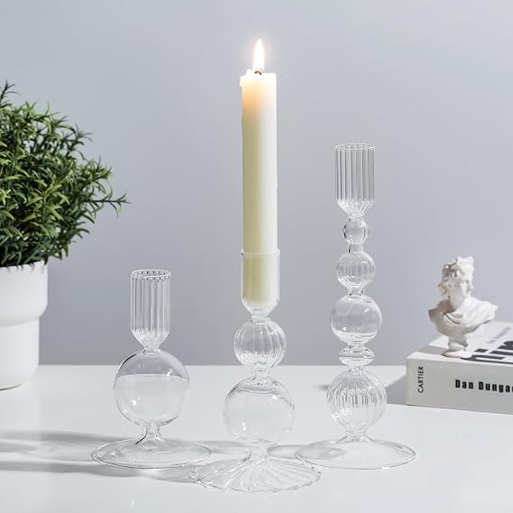 Glasseam Glass Candlestick Holders, 3 Pcs Clear Taper for Table Centerpiece