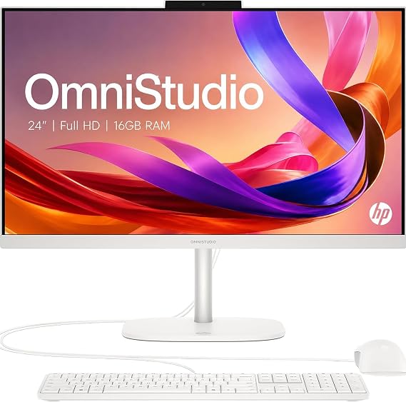 HP OmniStudio 24" Full HD All-in-OneDesktop Computer, 8GB DDR5 RAM, Intel Quad-Cores, 128GB SSD, WiFi6, Keyboard & Mouse, Windows 11