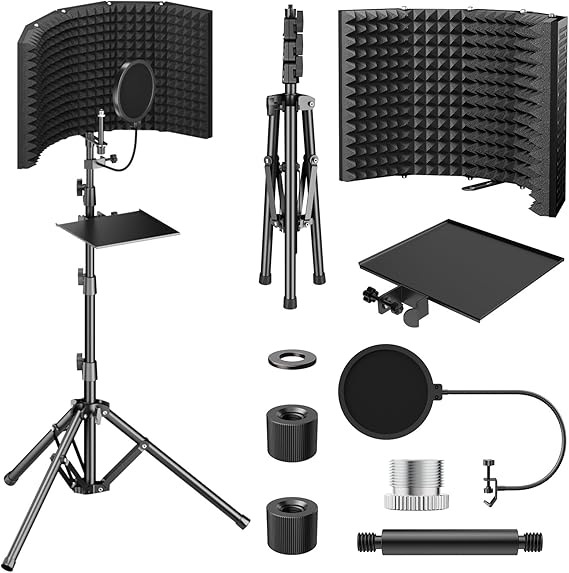 TONOR Isolation Shield Pack for Mic, Acoustic Foam Shield with Pop Filter & Tripod Stand, Foldable Design, Compatible with Blue Yeti, AT2020, Recording, Podcasts, Singing, Max 70 inch, Stand Included